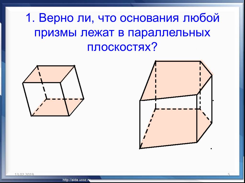 Верно что плоскости параллельно. Основания Призмы лежат в плоскостях. Решение задач по теме многогранники. В любой призме … Основания. Что лежит в основании Призмы.