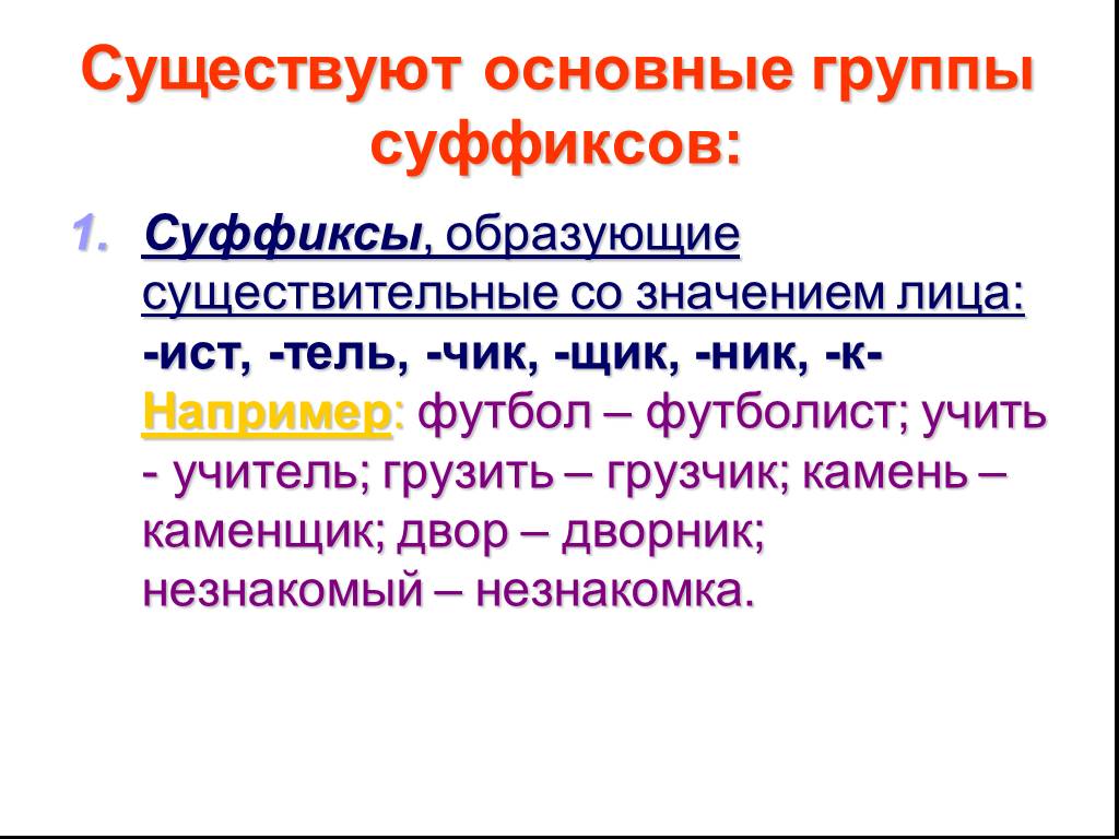 Какие значения могут быть у суффикса. Суффиксы. Суффиксы в русском языке 5 класс. Суффиксы со значением лица. Суффиксы разных частей речи рисунки.