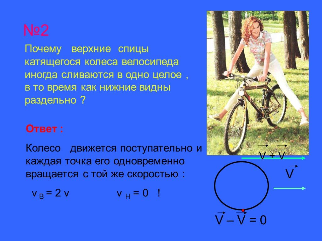 Вверх почему 2 в. Колесо движется поступательно. Спицы в велосипедном колесе почему. Любая точка колеса движущегося велосипеда описывает окружность. Почему колесо катится.
