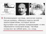 Элементарная частица, пролетая сквозь такую камеру, образует вдоль своей траектории ионы, которые затем выступают как центры конденсации: в них образуются капельки воды. Частица оставляет за собой трек, т.е. след.