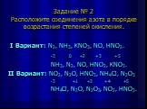 Задание № 2 Расположите соединения азота в порядке возрастания степеней окисления. I Вариант: N2, NH3, KNO3, NO, HNO2. -3 0 +2 +3 +5 NH3, N2, NO, HNO2, KNO3. II Вариант: NO2, N2O, HNO3, NH4Cl, N2O3 -3 +1 +3 +4 +5 NH4Cl, N2O, N2O3, NO2, HNO3.