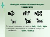 Оксидам металла соответствуют основания: Составьте основания из оксидов: ZnO, Li2O, MgO. Попробуйте самостоятельно составить оксиды из оснований: CuOH, Cu(OH)2. Fe O Fe Na O 2 2 3 +1 OH +2 +2 (OH) 2+ +3 +2 3+ 3