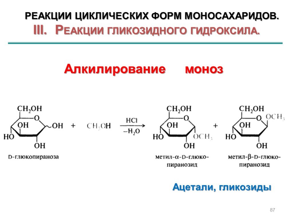 Происходят циклические реакции. Алкилирование моносахаридов. Реакция алкилирования моносахаридов. Реакции моносахаридов циклической формы. Алкилирование глюкопиранозы.