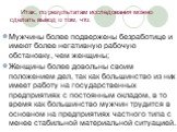 Итак, по результатам исследования можно сделать вывод о том, что: Мужчины более подвержены безработице и имеют более негативную рабочую обстановку, чем женщины; Женщины более довольны своим положением дел, так как большинство из них имеет работу на государственных предприятиях с постоянным окладом, 