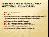 Денежные агрегаты, используемые Центральным банком России: МО = наличные деньги; М1=МО + +Депозиты населения и предприятий в коммерческих банках + +Депозиты населения до востребования в Сбербанке+ +Средства на расчетных, текущих и специальных счетах предприятий, организаций и граждан; М2=М1 + срочны