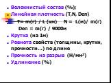 Волокнистый состав (%); Линейная плотность (Т,N, Den) Т= m(г) / L (км) N = L(м)/ m(г) Den = m(г) / 9000м Крутка (на 1м) Ровнота свойств (толщины, крутки, прочности…) по длине Прочность на разрыв (Н/мм2) Удлинение (%)