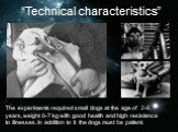 The experiments required small dogs at the age of 2-6 years, weight 6-7 kg with good health and high resistance to illnesses. In addition to it the dogs must be patient. “Technical characteristics”