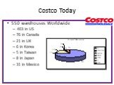 Costco Today. 550 warehouses Worldwide 403 in US 76 in Canada 21 in UK 6 in Korea 5 in Taiwan 8 in Japan 31 in Mexico