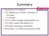 Summary. Revenues of 71 Billion 550 Warehouses Today – Operates in: 40 States 9 Countries 7 million average sales/warehouse 141,000 square feet/warehouse 143,000 employees worldwide More than 1.4 million transactions/day