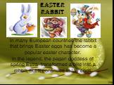 In many European countries the rabbit that brings Easter eggs has become a popular easter character. In the legend, the pagan goddess of spring Estra transformed a bird into a rabbit, but it continued to lay eggs. Easter rabbit