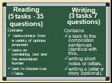 Reading (5 tasks - 35 questions). Contains tasks-choice from a variety of options proposed tasks on correlating text and the associated human task to choose true / false. Writing (3 tasks 7 questions). Contains a task to the compilation sentences identical with this, writing short notes or letters, 