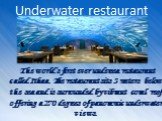Underwater restaurant. The world’s first ever undersea restaurant called Ithaa. The restaurant sits 5 meters below the sea and is surrounded by vibrant coral reef offering a 270 degrees of panoramic underwater views.