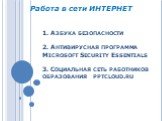 1. Азбука безопасности 2. Антивирусная программа Microsoft Security Essentials 3. Социальная сеть работников образования. Работа в сети ИНТЕРНЕТ