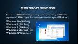 Microsoft Windows. Компания Microsoft создала операционную систему Windows в середине 1980-х годов. Было выпущено много версий Windows. Windows 10 (2015 год) Windows 8 (2012 год) Windows 7 (2009 год) Windows Vista (2007 год) Windows XP (2001 год)