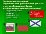 Соотнесите названия официальных российских флагов и их изображения. Какое изображение лишнее и почему? Андреевский флаг Штандарт президента РФ Знамя Победы