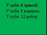 У куба 6 граней; У куба 8 вершин; У куба 12 ребер.