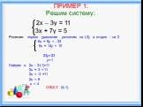 2х – 3у = 11 3х + 7у = 5 Решение: первое уравнение умножим на (-3), а второе - на 2 - 6х + 9у = - 33 6х + 14у = 10 23y=-23 y=-1 Найдем х: 2x - 3·(-1)=11 2x + 3 = 11 2х = -3 +11 2х = 8 х = 4 ОТВЕТ: (4;-1)