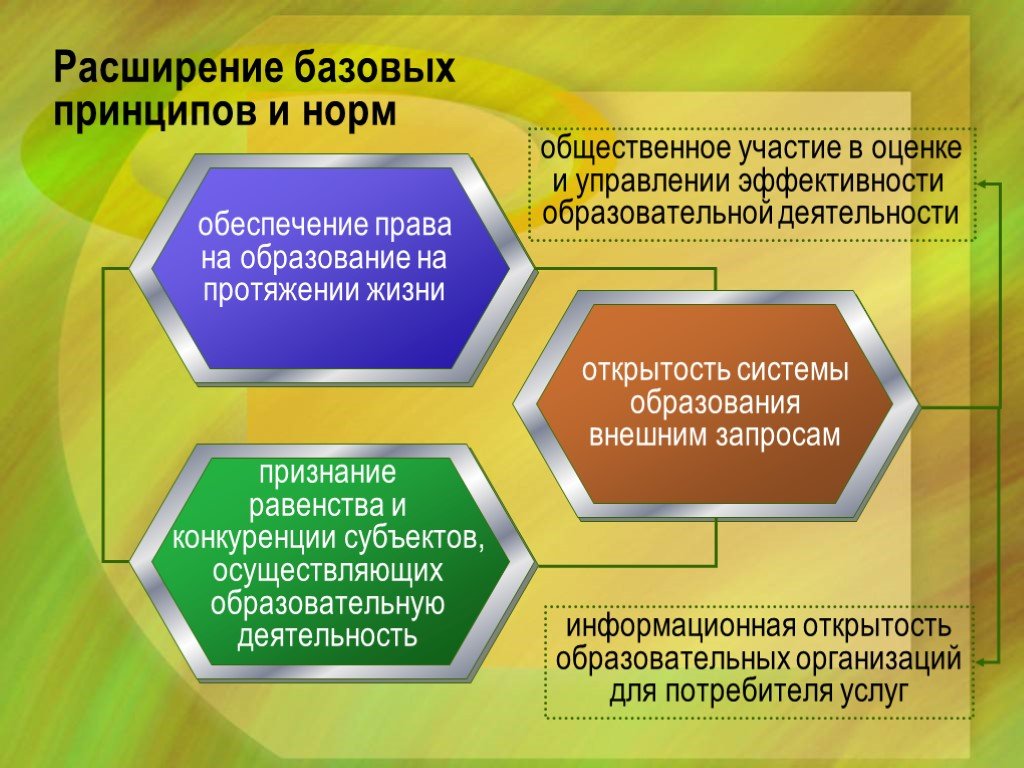 Какие организации помогают. Расширение базовых принципов и норм. Какие права обеспечивает новый закон об образовании. Какое право обеспечивает закон об образовании.