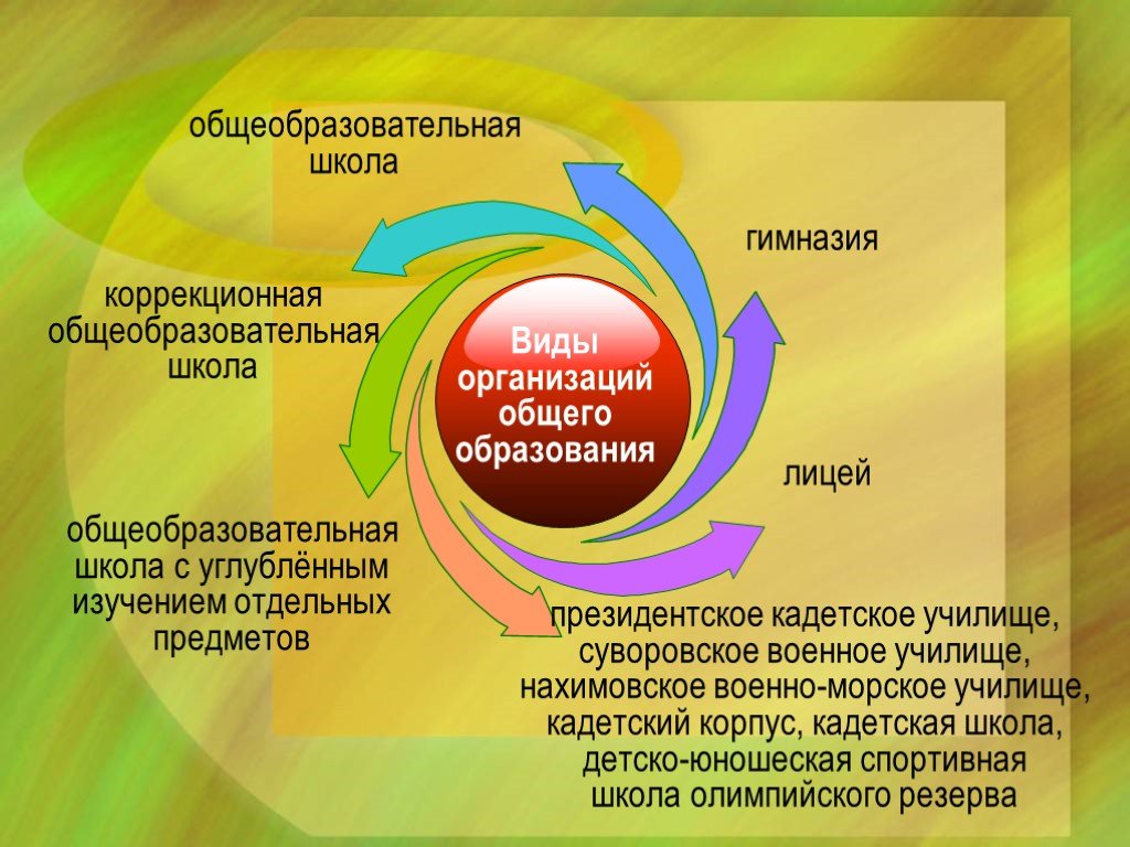 Общего образования с углубленным изучением. Типы и виды школ. Виды образовательных школ. Виды общеобразовательных школ РФ. Вид образовательной организации школа.