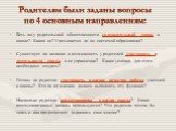 Родителям были заданы вопросы по 4 основным направлениям: Есть ли у родительской общественности содержательный запрос к школе? Каков он? Учитывается ли он системой образования? Существует ли желание и возможность у родителей участвовать в деятельности школы и ее управлении? Какие условия для этого н