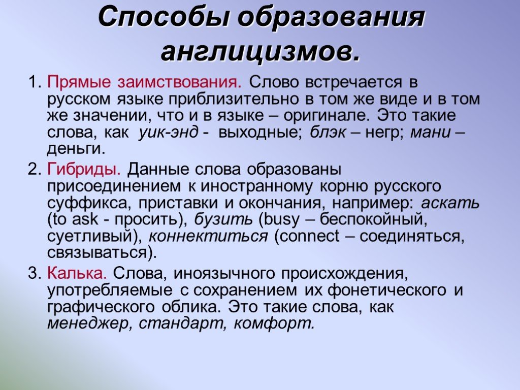 Деятель заимствованное слово или нет. Заимствованные английские слова в русском языке. Способ образования заимствованных слов. Способы заимствования слов в русском языке. Способы образования англицизмов.