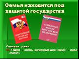 Семья находится под защитой государства. Словарик урока: Кодекс – закон, регулирующий какую – либо отрасль