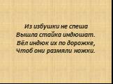 Из избушки не спеша Вышла стайка индюшат. Вёл индюк их по дорожке, Чтоб они размяли ножки.