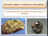 Металлы в природе встречаются в трёх формах: 1. В свободном виде встречаются только золото и платина.
