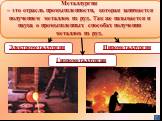 Металлургия – это отрасль промышленности, которая занимается получением металлов из руд. Так же называется и наука о промышленных способах получения металлов из руд. Электрометаллургия. Пирометаллургия Гидрометаллургия