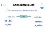 Классификация. 1. По составу кислотного остатка. средние кислые Na 2SO4 K3PO4 NaHSO4 K2HPO4