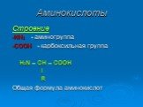 Строение -NH2 - аминогруппа -СООН - карбоксильная группа Н2N – CH – COOH l R Общая формула аминокислот