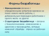 Формы безработицы. Фрикционная связана с определенными затратами времени на поиск нового места работы, с добровольным переходом работников с одного места на другое Структурная безработица – связана с технологическими изменениями и сдвигами в производстве, которые изменяют структуру спроса на рабочую