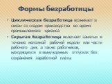 Циклическая безработица возникает в связи со спадом производства во время промышленного кризиса Скрытая безработица включает занятых в течение неполной рабочей недели или части рабочего дня, а также работников, находящихся в вынужденных отпусках без сохранения заработной платы