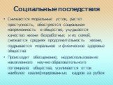 Социальные последствия. Снижаются моральные устои, растет преступность, обостряется социальная напряженность в обществе, ухудшается качество жизни безработных и их семей, снижается средняя продолжительность жизни, подрывается моральное и физическое здоровье общества Происходит обесценение, недоиспол