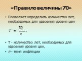 «Правило величины 70». Позволяет определить количество лет, необходимых для удвоения уровня цен Т - количество лет, необходимых для удвоения уровня цен, π - темп инфляции