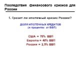 Последствия финансового кризиса для России. 1. Грозит ли ипотечный кризис России? ДОЛЯ ИПОТЕЧНЫХ КРЕДИТОВ (в процентах от ВВП) США = 70% ВВП Европа = 40% ВВП Россия = 2,5% ВВП