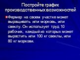 Постройте график производственных возможностей. Фермер на своем участке может выращивать или морковь, или свеклу. Он использует труд 10 рабочих, каждый из которых может вырастить или 100 кг свеклы, или 80 кг моркови.