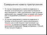 Совершение нового преступления. В случае совершения условно осужденным в течение испытательного срока преступления по неосторожности либо умышленного преступления небольшой или средней тяжести вопрос об отмене или о сохранении условного осуждения решается судом. В случае совершения условно осужденны