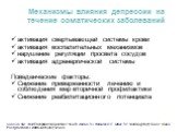 Механизмы влияния депрессии на течение соматических заболеваний. активация свертывающей системы крови активация воспалительных механизмов нарушение регуляции просвета сосудов активация адренергической системы Поведенческие факторы: Снижение приверженности лечению и соблюдения мер вторичной профилакт