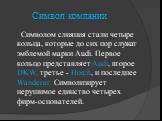 Символ компании. Символом слияния стали четыре кольца, которые до сих пор служат эмблемой марки Audi. Первое кольцо представляет Audi, второе DKW, третье - Horch, и последнее Wanderer. Символизирует нерушимое единство четырех фирм-основателей.