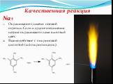 Na+ Окрашивание пламени газовой горелки. Соли и другие соединения натрия окрашивают пламя в желтый цвет. Взаимодействие с пикриновой кислотой (жёлт.крист.осадок).