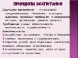 Принципы воспитания. Принципы воспитания – это исходные фундаментальные положения, в которых выражены основные требования к содержанию, методам, организации данного процесса. Требования к ним: обязательности, комплексности и равнозначности. Комплексность : воздействие на сознание, чувства и поведени