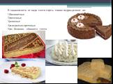 В зависимости от вида теста торты также подразделяют на: 1)бисквитные 2)песочные 3)слоеные 4)миндально-ореховые 5)из белково– сбивного теста