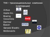 ТНК – транснациональные компании (корпорации). Airbus Apple Inc. Boeing Coca-Cola Daimler Epson General Electric McDonald’s