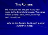 The Romans had brought many new words to the English language. The names of food (cherry, pear, wine), buildings (wall, street), etc. Why do the Romans build such a great number of roads?