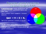 Палитра цветов в системе цветопередачи RGB. С экрана монитора человек воспринимает цвет как сумму излучения трех базовых цветов (red, green, blue). Цвет из палитры можно определить с помощью формулы: Цвет = R + G + B, Где R, G, B принимают значения от 0 до max Так при глубине цвета в 24 бита на коди