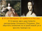 В 14 лет Екатерина II прибыла в Россию. В то время здесь царствовала императрица Елизавета Петровна. Она обратила внимание на острый живой ум и красоту принцессы.