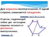 Две вершины многоугольника , Є одной стороне, называются соседними. Например, А и F; B и С, и т.д. Отрезок, соединяющий любые две несоседние вершины называется диагональю многоугольника. Например, СF.