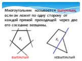 Многоугольник называется выпуклым, если он лежит по одну сторону от каждой прямой проходящей через две его соседние вершины. ВЫПУКЛЫЙ НЕВЫПУКЛЫЙ