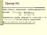 Пример №3. Найти область определения дробно-рациональной функции f (x) = 1 + 3 х + 4 . х-2 (х - 1)(х + 3) Знаменатели дробей обращаются в нуль при х = 2, х = 1, х = -3. Поэтому область определения D(f) = (-∞;-3) U (-3; 1) U (1; 2) U (2; +∞);